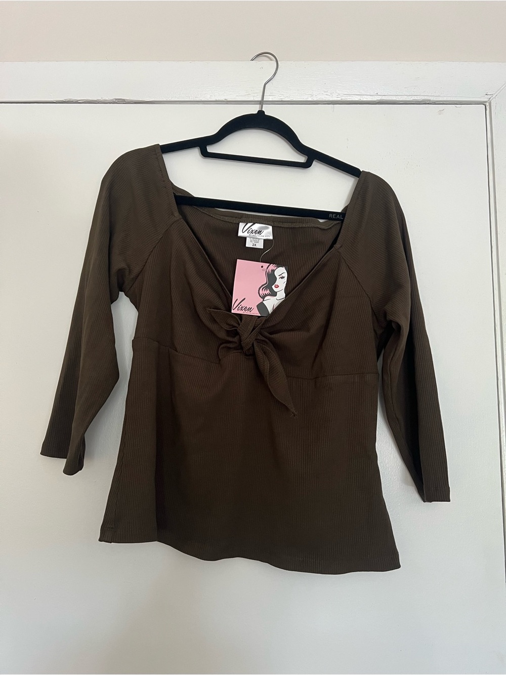 Vixen by Micheline Pitt Olive Tie-Front Ribbed Blouse